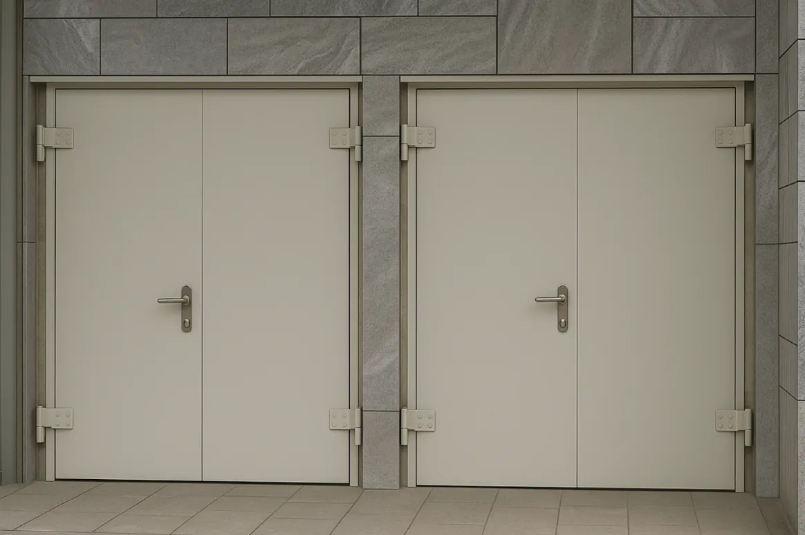 Two pairs of heavy-duty steel double doors with exposed strap hinges set in a stone wall