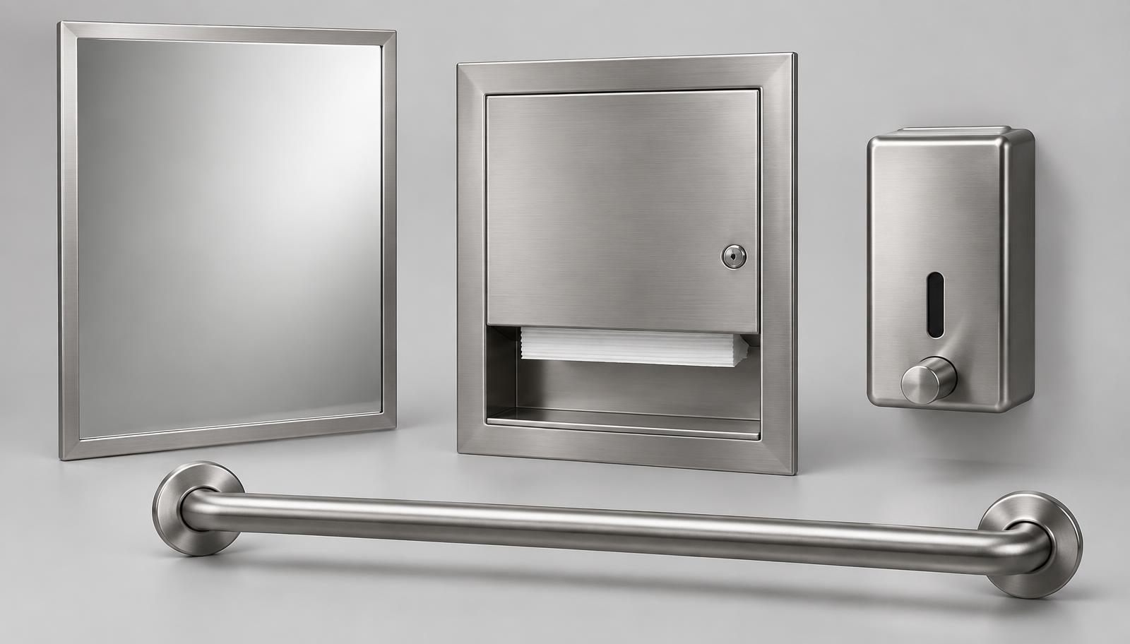 Row of gray toilet partitions in a commercial restroom