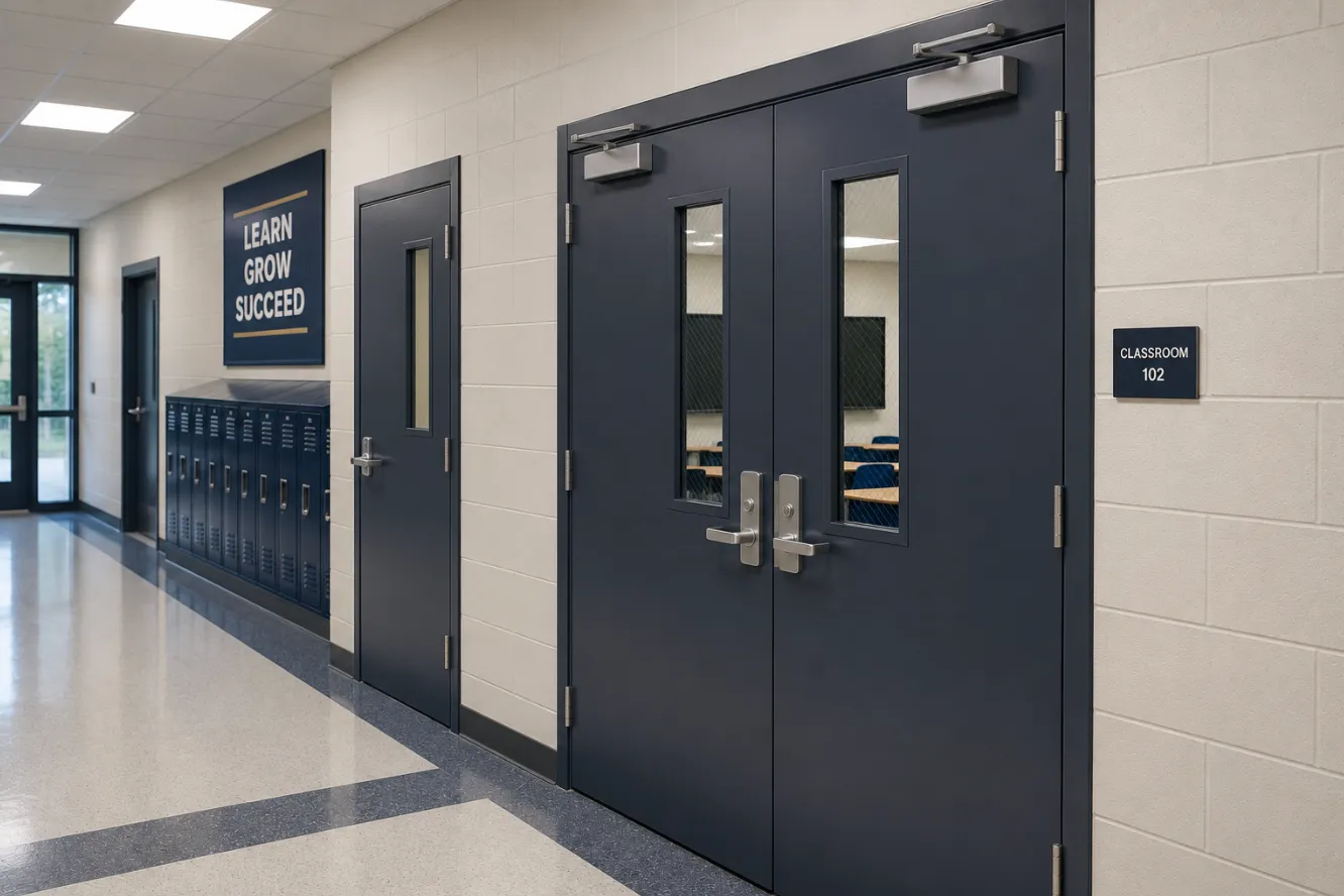 Dark gray hollow metal double doors with narrow vision lites in a school corridor