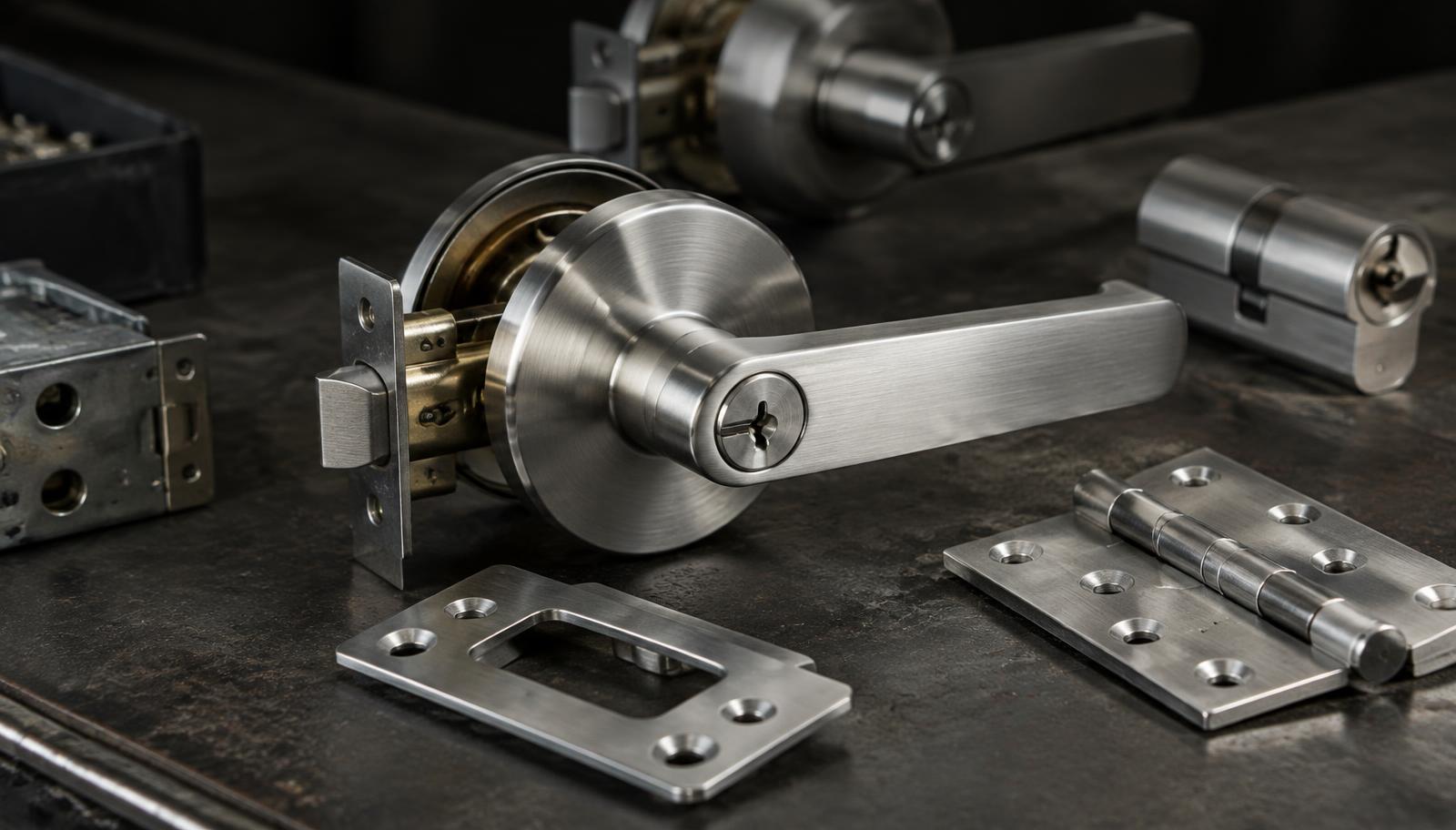 Assortment of stainless steel commercial door hardware including hinges, a door stop, and a hasp