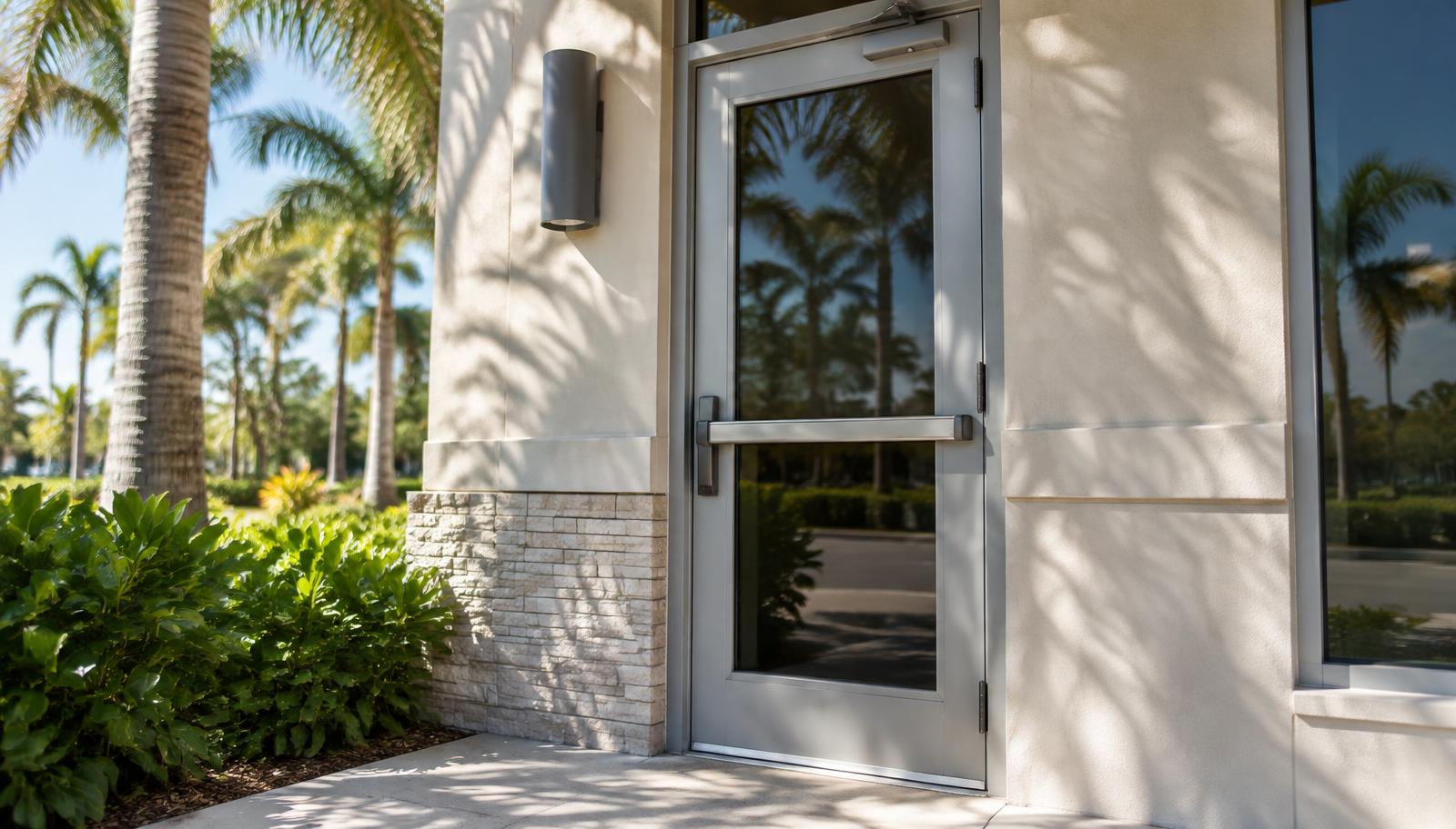 Stainless steel commercial door lever, hinge, and strike plate hardware