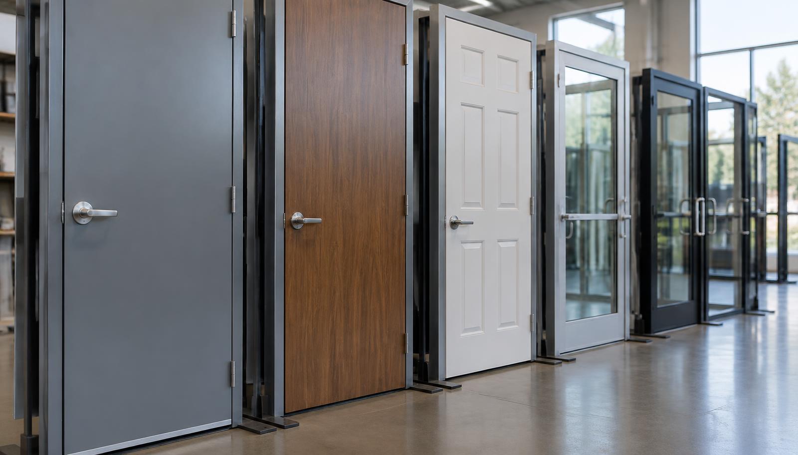 Showroom row of commercial interior doors in a variety of finishes and lite styles
