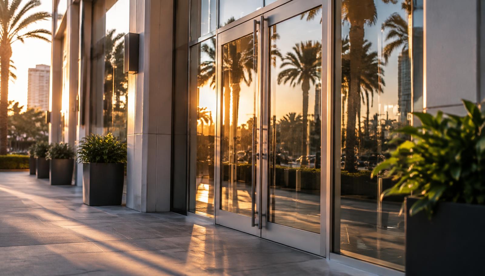 Commercial corridor with a row of interior doors featuring glass lites and lever hardware