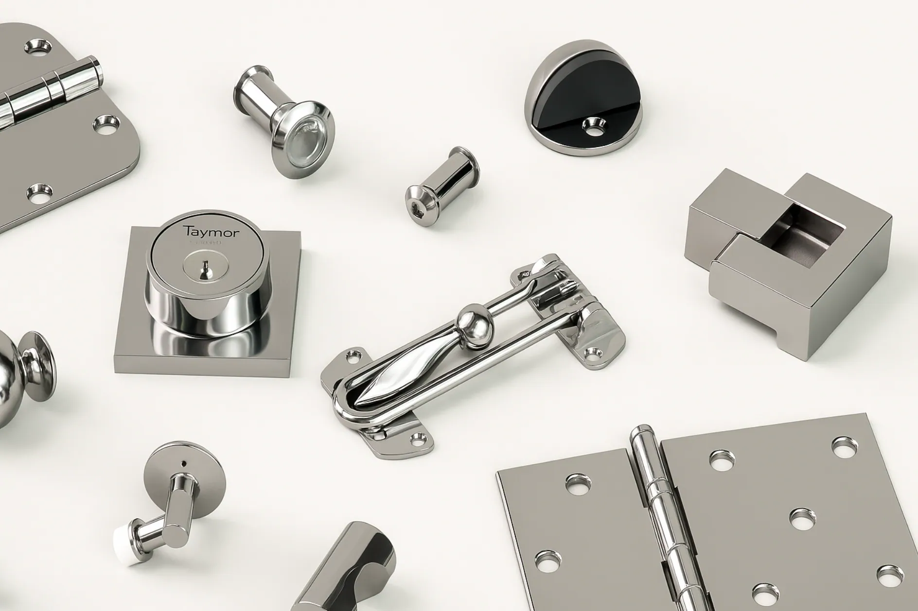 Polished nickel door hardware including hinges, a door stop, a lock cylinder, and a door guard