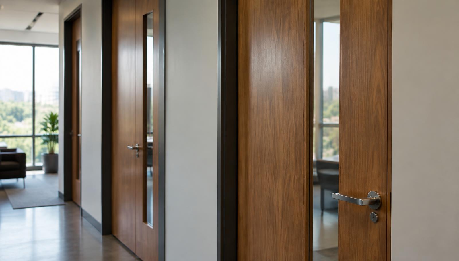Office corridor with commercial doors featuring narrow glass vision lites