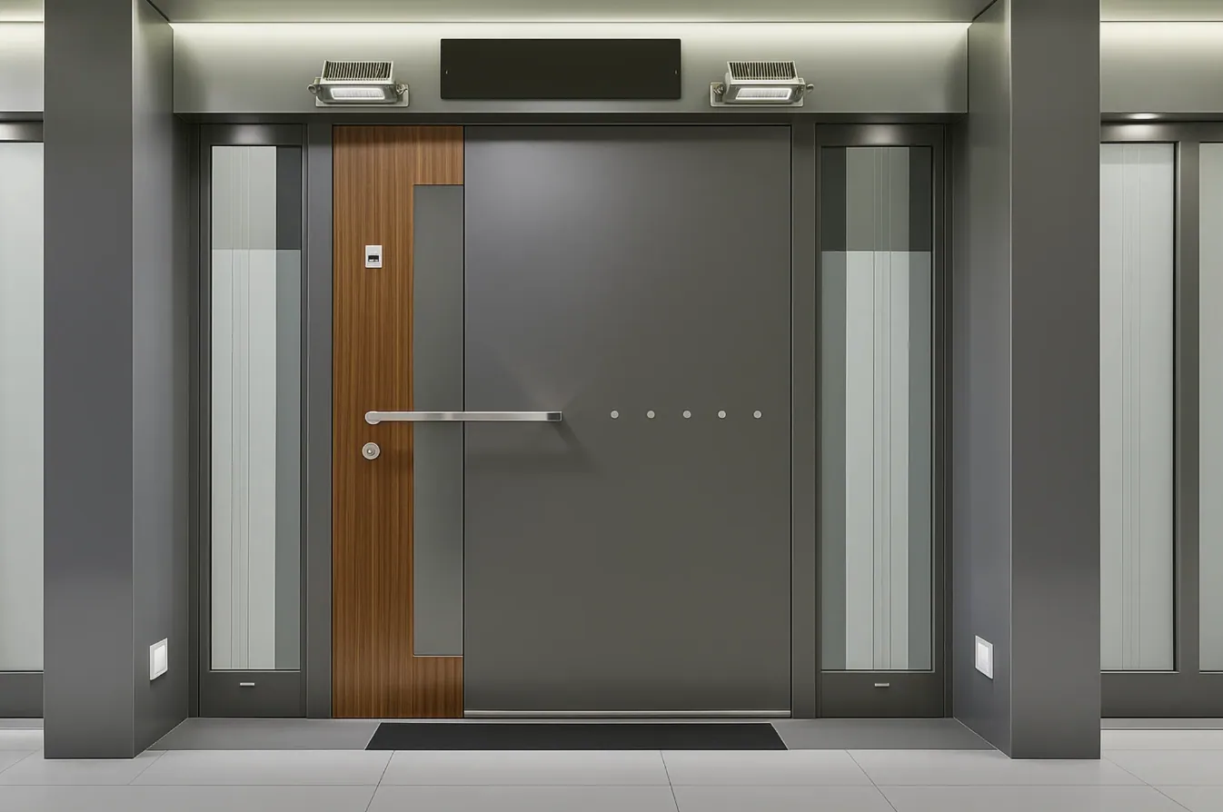 Gray pivot entry door with a wood accent panel, long pull handle, and frosted glass sidelites
