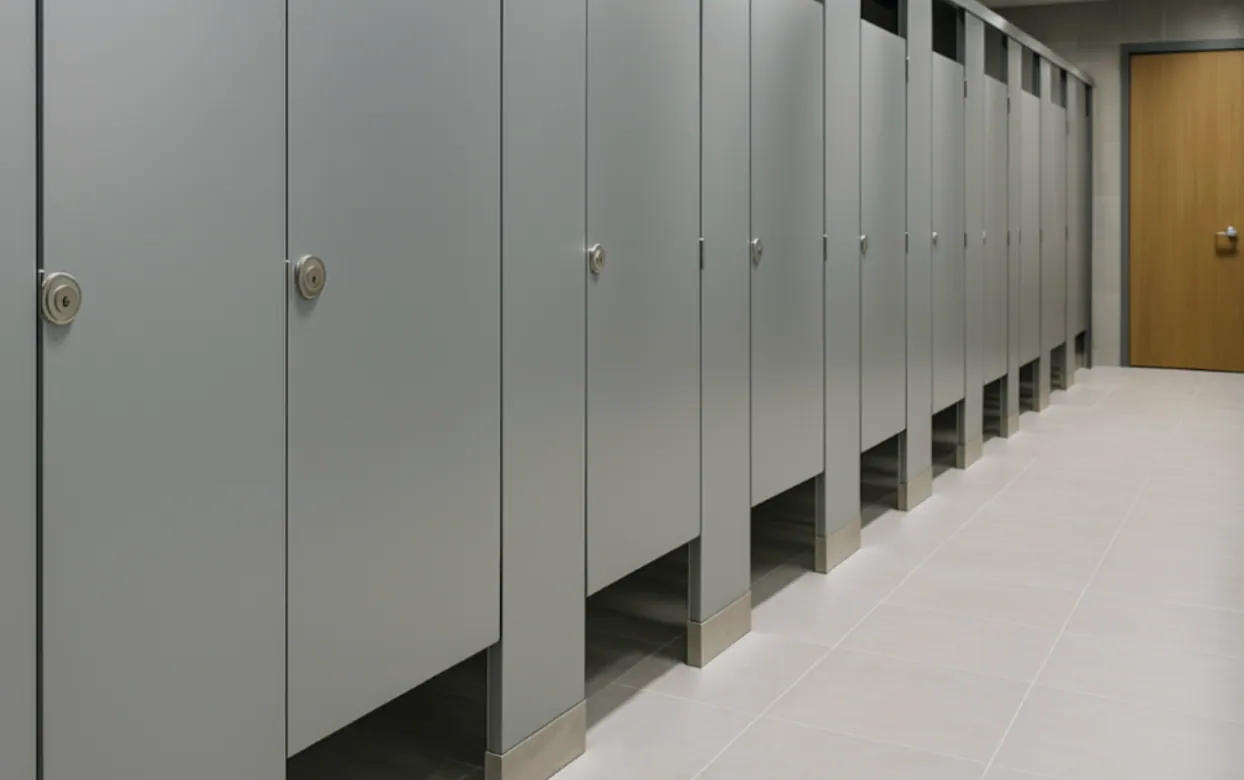 Row of gray floor-mounted toilet partitions in a commercial restroom