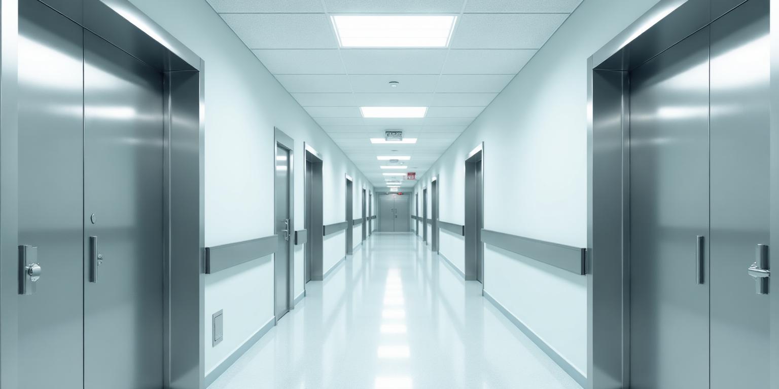 Bright hospital corridor lined with stainless steel doors and handrails