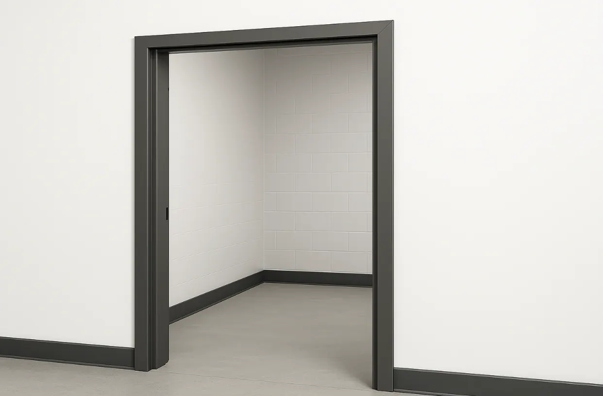 Dark hollow metal door frame installed in a white wall opening