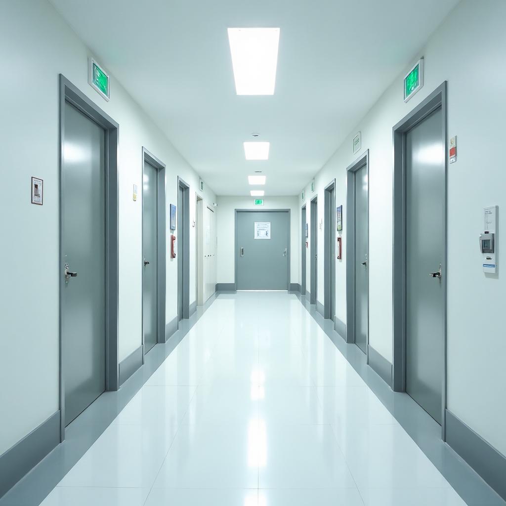 Hospital corridor lined with gray commercial doors and hollow metal frames