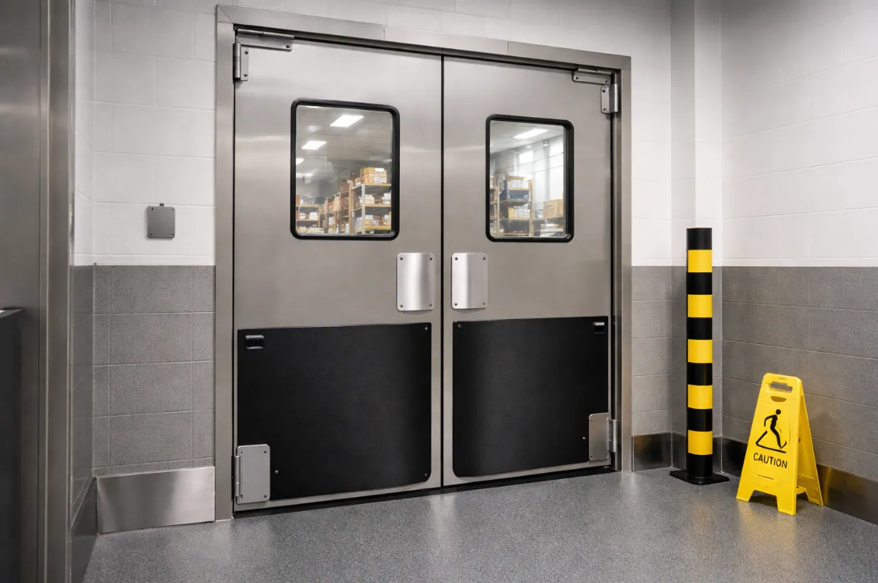 Stainless steel double impact doors with vision windows and black kick panels in a warehouse corridor