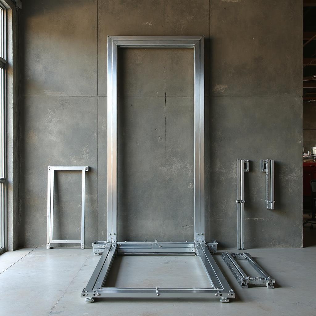 Knock-down hollow metal door frame components staged beside an assembled frame in a concrete wall opening