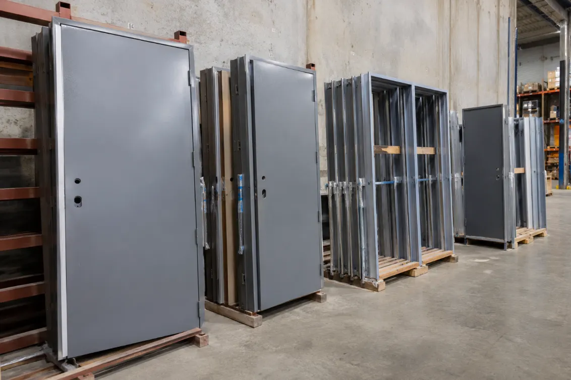Steel doors and hollow metal frames staged on pallets in a warehouse