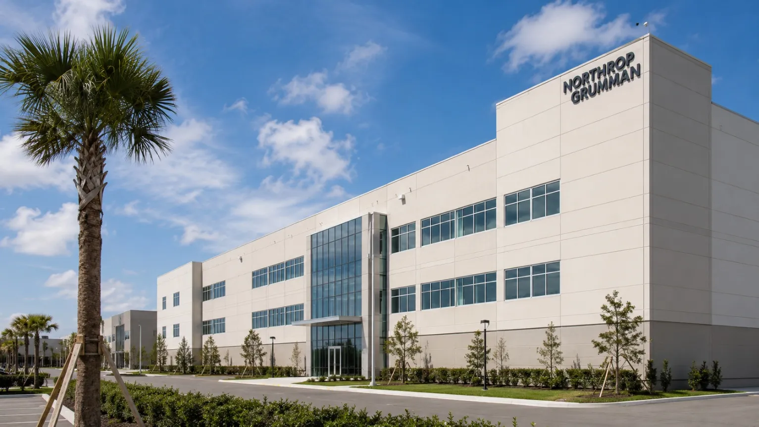 Three-story white Northrop Grumman office building with a glass entry and the Northrop Grumman name on the facade in Melbourne, Florida