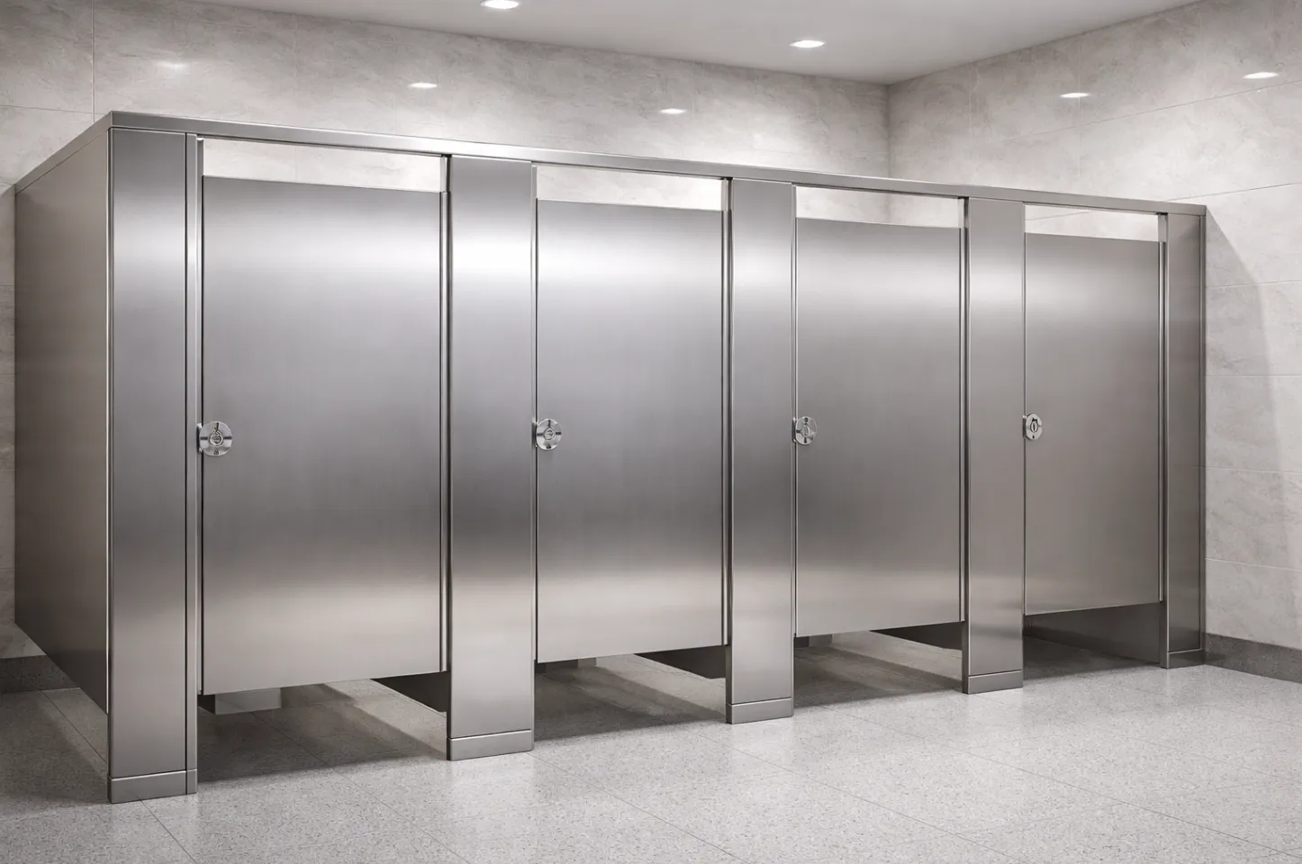 Row of stainless steel toilet partitions with doors in a commercial restroom