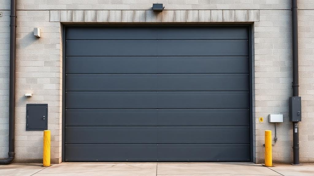 Dark sectional overhead door and service panel on a masonry commercial building
