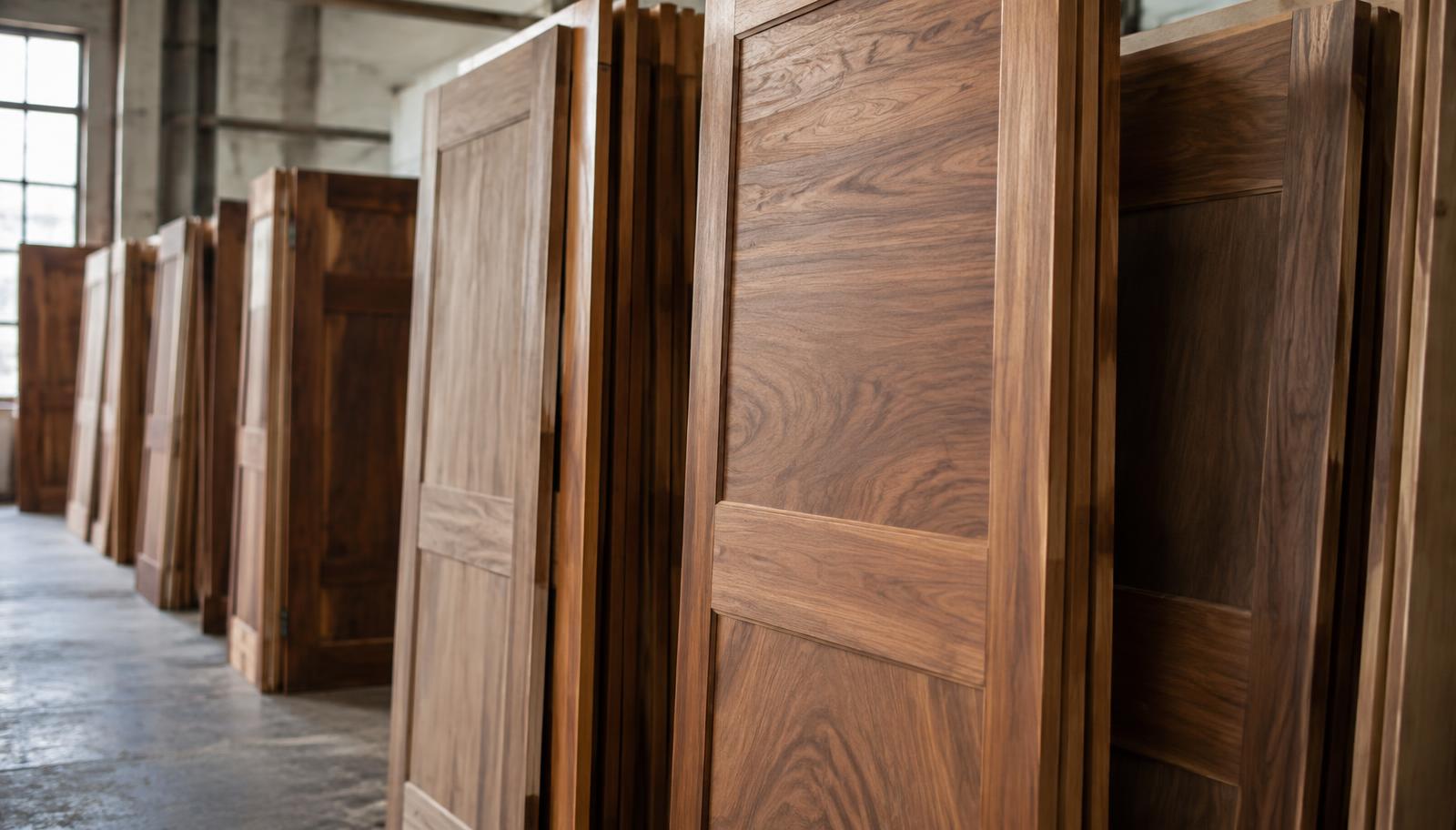 Showroom row of commercial interior doors in wood grain and solid color laminate finishes