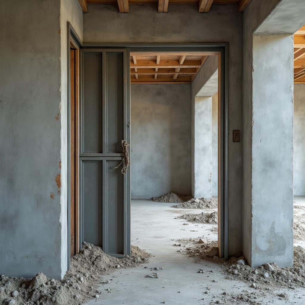 Welded hollow metal door frame set in a masonry wall opening during construction