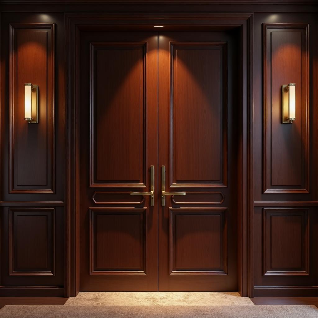 Dark stained stile and rail wood double doors with raised panels